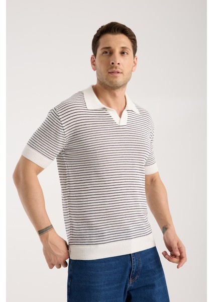 Erkek Polo Yaka Links Örgü Dokulu Beyaz Kısa Kollu Triko Tişört fırsatları