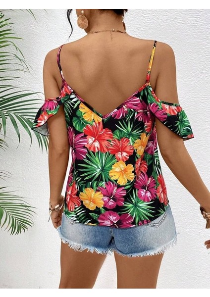 Kadın Askılı Omuzlardan Açık Çiçek Baskılı Bluz indirimleri