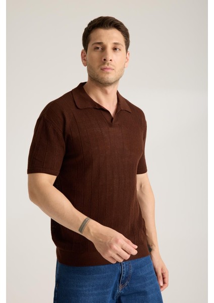 Erkek Polo Yaka Dik Çizgi Dokulu Kahverengi Kısa Kollu Triko Tişört fiyatları