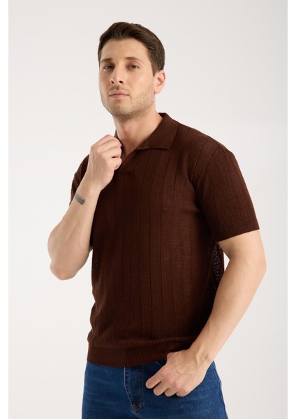 Erkek Polo Yaka Dik Çizgi Dokulu Kahverengi Kısa Kollu Triko Tişört modelleri