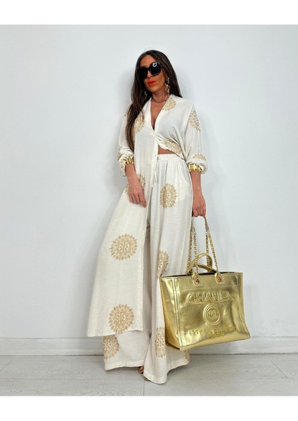 Glow Nakışlı Kimono Takın Uzun Maxi Boy Gömlek Pantolonlu Takım
