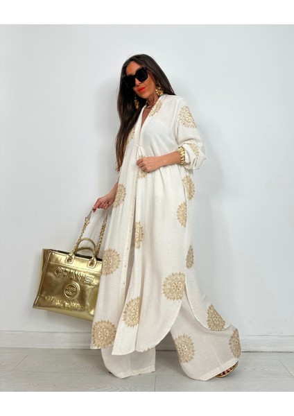 Glow Nakışlı Kimono Takın Uzun Maxi Boy Gömlek Pantolonlu Takım fiyatları