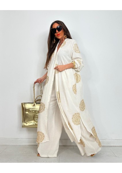 Glow Nakışlı Kimono Takın Uzun Maxi Boy Gömlek Pantolonlu Takım modelleri