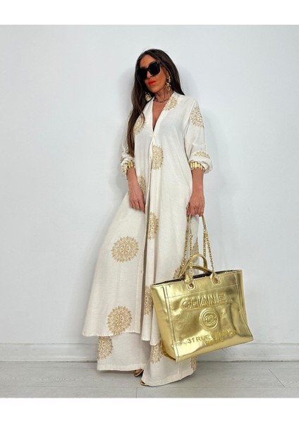 Glow Nakışlı Kimono Takın Uzun Maxi Boy Gömlek Pantolonlu Takım indirimleri