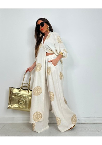 Glow Nakışlı Kimono Takın Uzun Maxi Boy Gömlek Pantolonlu Takım