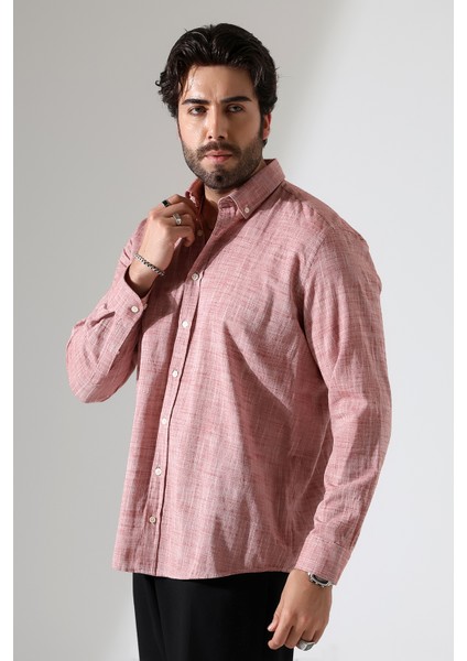 Yeni Sezon Oversize Kesim Uzun Kol Pamuk Keten Erkek Kırmızı Gömlek modelleri