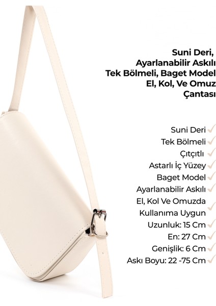 Krem Shk183 Kapaklı Suni Deri Ayarlabilir Askılı Baget Model El, Kol Ve Omuz Çantası