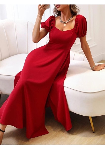 Kadın Kısa Kollu Kare Yakalı Yırtmaçlı Midi Janjan Krep Elbise