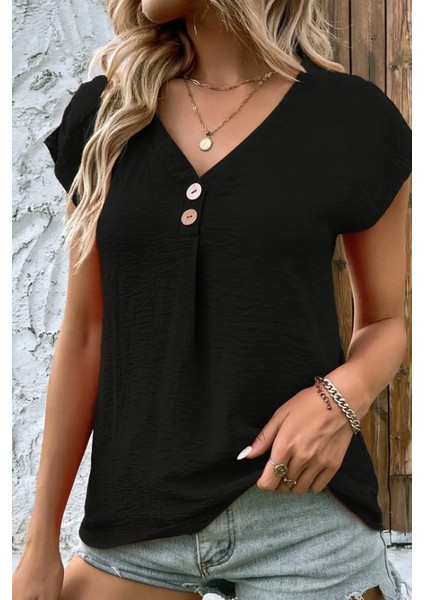 Kadın Kısa Kollu V Yakalı Düğmeli Keten Bluz