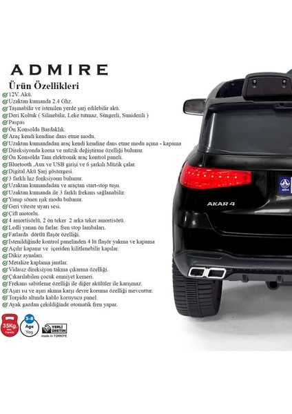 Harika Peluş Akülü Uzaktan Kumandalı Araba Admıre 4x2 Deri Koltuk ve Bluetooth fırsatları