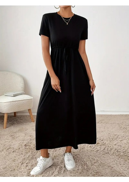 Kadın Kısa Kollu Bisiklet Yaka Belden Bağcıklı Cepli Viskon Elbise modelleri