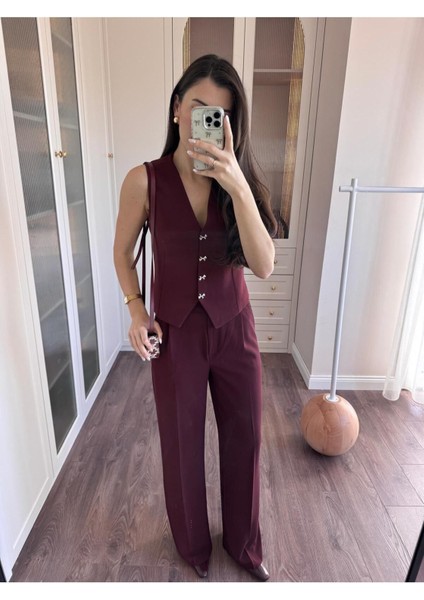 Kurdele Düğmeli Tasarım Yelek Pantolon Takım Premium Kalite