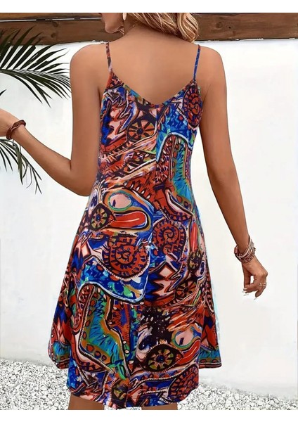 Kadın Ip Askılı V Yakalı Desenli Kısa Süprem Elbise fiyatları