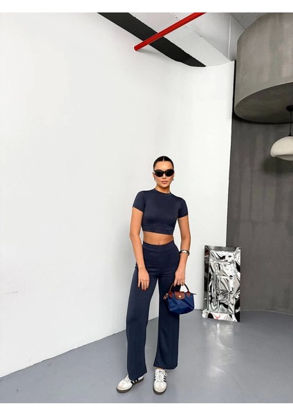 Osy Modal Yumuşak Dokulu Kumaş Kısa Kollu Crop Alt Ispanyol Paça Pantalon Ikili Takım - Füme