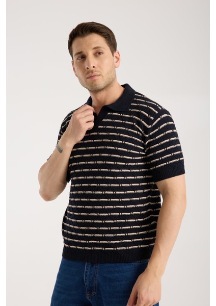 Erkek Polo Yaka Baklava Desenli Dokulu Lacivert Kısa Kollu Triko Tişört fiyatları