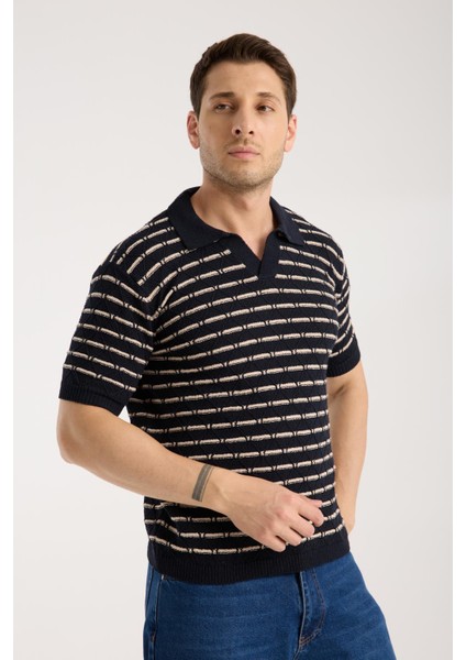 Erkek Polo Yaka Baklava Desenli Dokulu Lacivert Kısa Kollu Triko Tişört modelleri