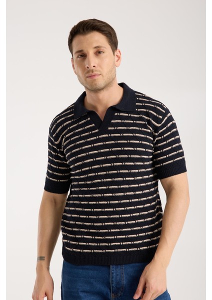 Erkek Polo Yaka Baklava Desenli Dokulu Lacivert Kısa Kollu Triko Tişört fırsatları