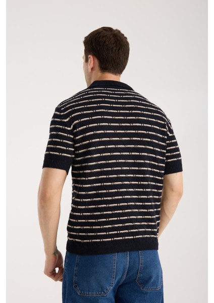 Erkek Polo Yaka Baklava Desenli Dokulu Lacivert Kısa Kollu Triko Tişört indirimleri