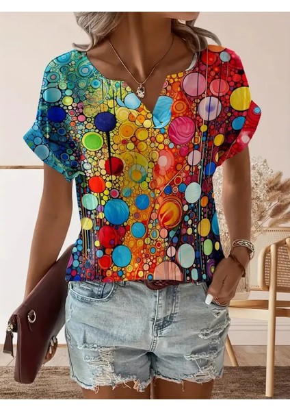 Kadın Kısa Kollu V Yakalı Desenli Süprem Bluz