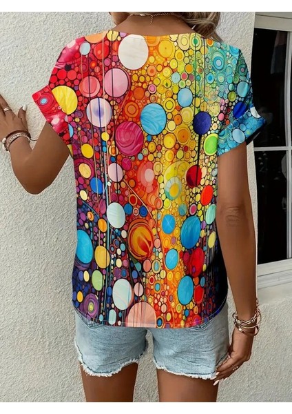 Kadın Kısa Kollu V Yakalı Desenli Süprem Bluz modelleri