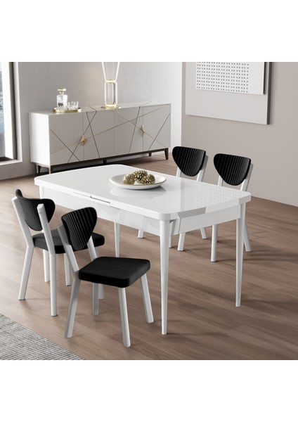 Exve Serisi 80X132 Açılabilir Beyaz Masa Takımı ve 4 Siyah Sandalye