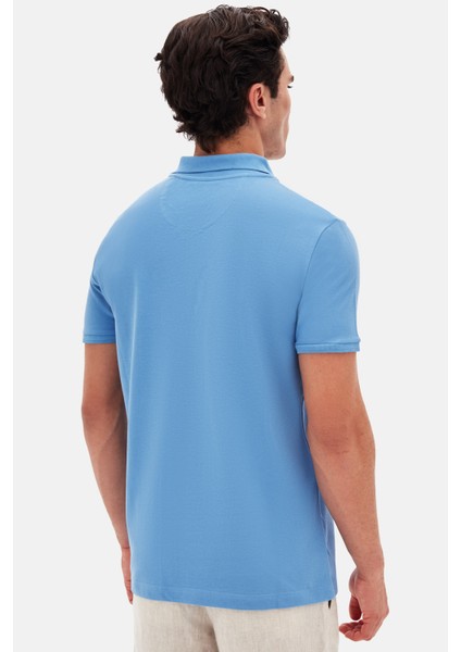 Ds Damat Regular Fit Açık Indigo %100 Pamuklu Uzun Ömürlü Kıvrılmaz Polo Yaka Nakışlı T-Shirt