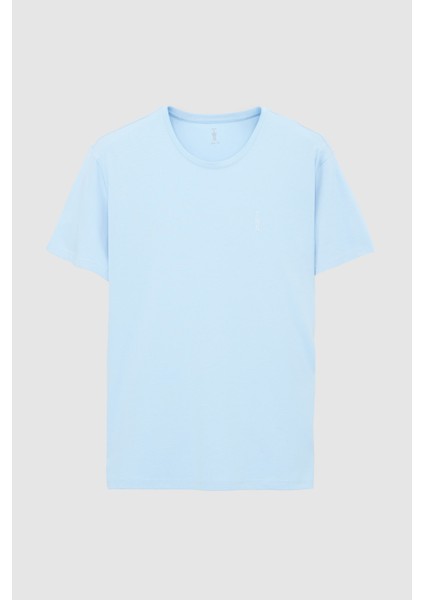 Slim Fit Açık Mavi Düz Kabartma Baskılı T-Shirt indirimleri