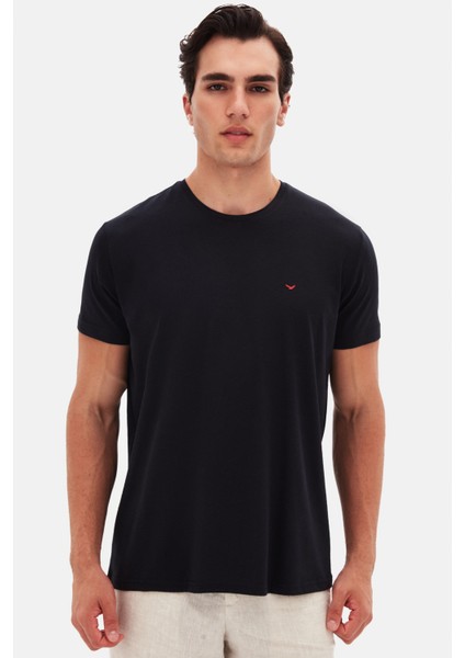 Ds Damat Regular Fit Siyah Düz Nakışlı %100 Pamuk T-Shirt