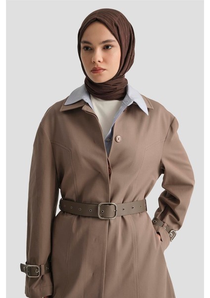 Kemerli Trençkot 25Y7803 Koyu Vizon modelleri