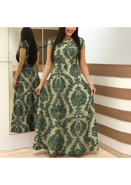 Aknbutik Kadın Kısa Kollu Bisiklet Yaka Puantiyeli Maksi Örme Krep Elbise modelleri