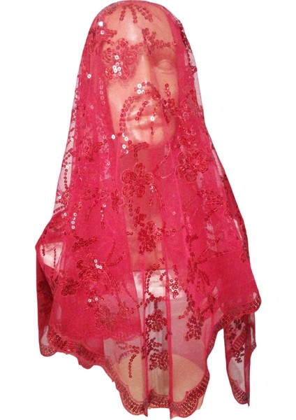 Tül Pullu Kırmızı Kına&gelin Duvağı 2li Takım