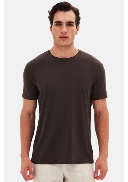Ds Damat Regular Fit Kahverengi Düz Nakışlı %100 Pamuk T-Shirt