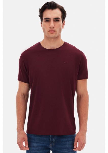Ds Damat Regular Fit Mürdüm Düz Nakışlı %100 Pamuk T-Shirt