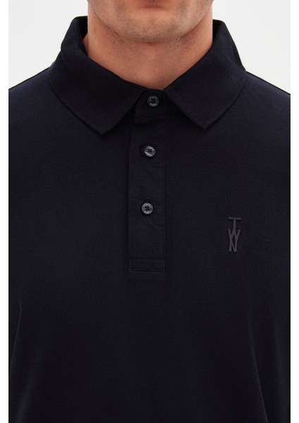 Slim Fit Lacivert Pike Dokulu T-Shirt 4EC146011784M