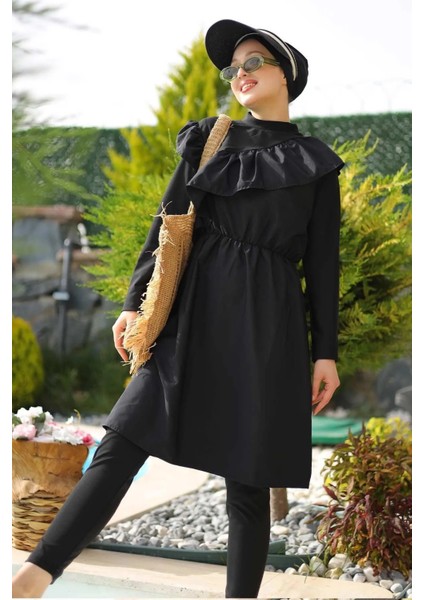 Fırfır Detay Tam Kapalı 2'li Tesettür Mayo - Siyah