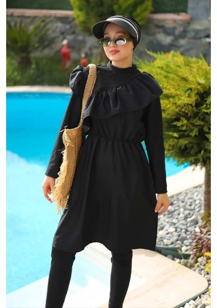 Fırfır Detay Tam Kapalı 2'li Tesettür Mayo - Siyah fiyatları