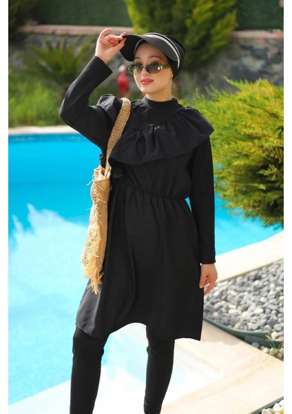 Fırfır Detay Tam Kapalı 2'li Tesettür Mayo - Siyah modelleri