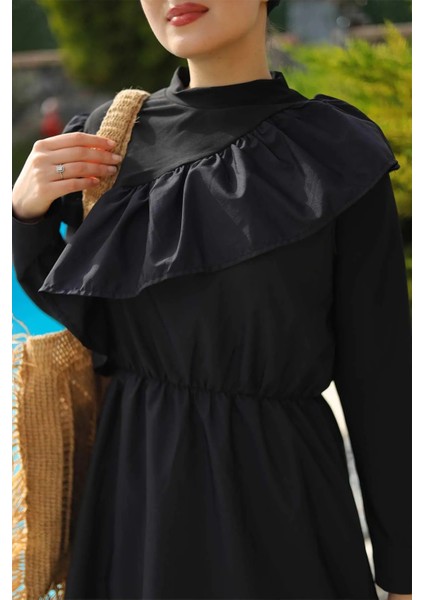 Fırfır Detay Tam Kapalı 2'li Tesettür Mayo - Siyah fırsatları