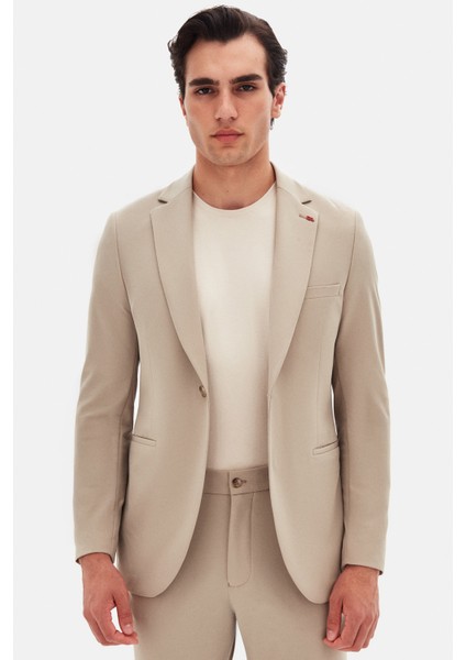 Slim Fit Bej Düz Takim Elbise