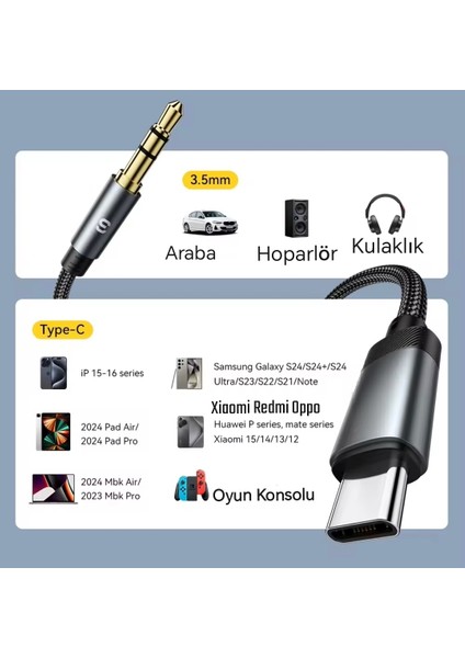Sunix 1-Metre Type-C To 3.5mm Aux Ses Kablosu Ce Sertifikalı Hasır Örgülü Sağlam Telefon/araba/tablet fiyatları