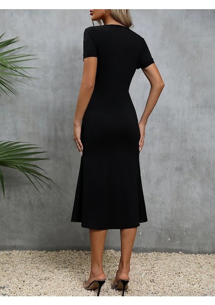 Kadın Kısa Kollu Kare Yakalı Ip Detaylı Janjan Krep Elbise fırsatları