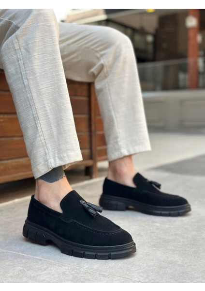 BA0240 Yüksek Taban Klasik Parlak Püsküllü Süet Siyah Erkek Ayakkabı