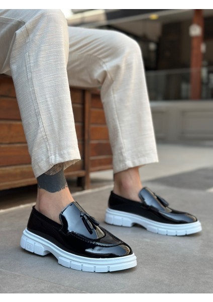 BA0240 Yüksek Taban Klasik Parlak Püsküllü Rugan Siyah Erkek Ayakkabı