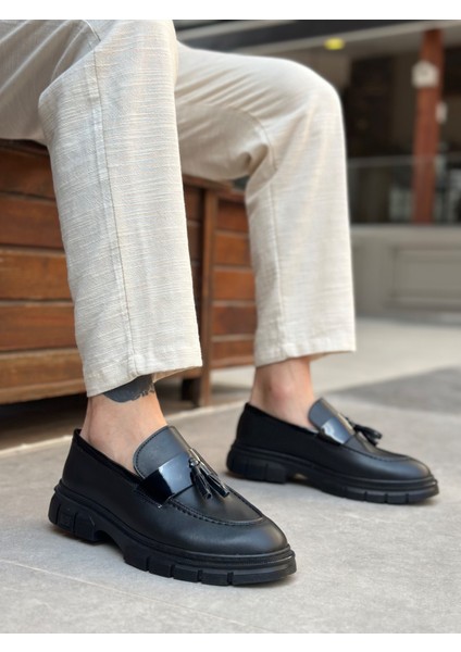 BA0240 Yüksek Taban Klasik Parlak Püsküllü Siyah Taban Erkek Ayakkabı