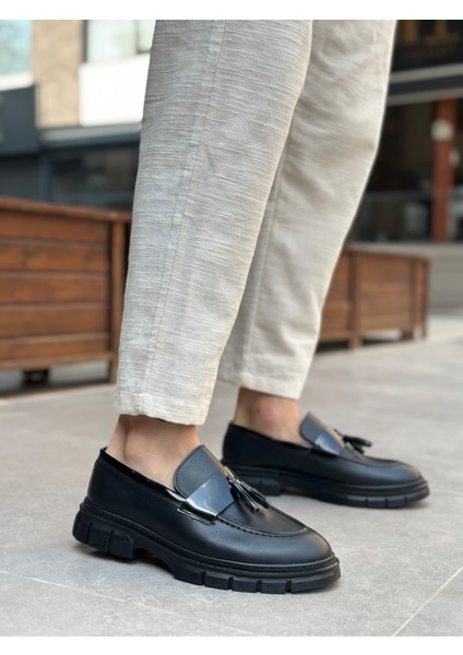 BA0240 Yüksek Taban Klasik Parlak Püsküllü Siyah Taban Erkek Ayakkabı modelleri