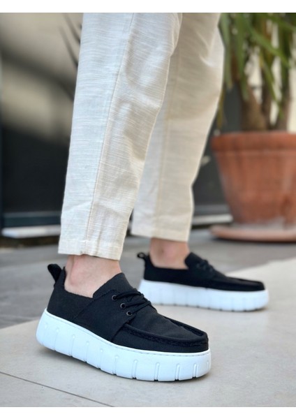 BA0676 Boa Siyah Keten Yüksek Beyaz Taban Erkek Yazlık Ayakkabı modelleri