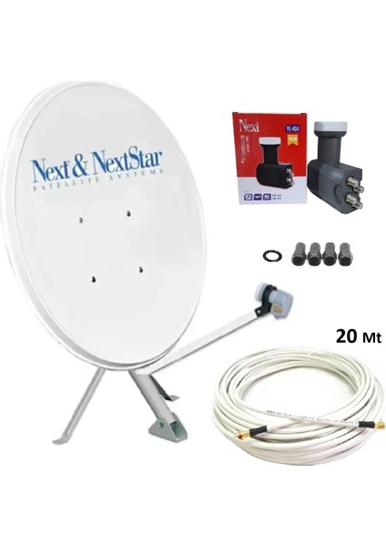 70CM Çanak Seti+20 Metre Anten Kablosu+4'lü Next Lnb+4 Contalı F Konnektör, Fullhd 4K