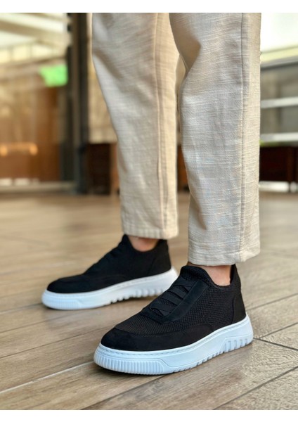 BA0911 Özel Örme Triko Deri Tozu Detaylı Siyah Günlük Spor Ayakkabı