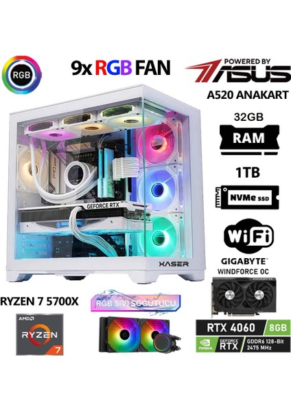 Sword X32 White Edition Ryzen 7 5700X 32GB Ram 1tb M.2 Nvme SSD 8gb RTX4060 Sıvı Soğutmalı Masaüstü Oyuncu Bilgisayarı