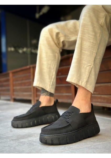 BA0676 BOA Siyah Keten Yüksek Taban Erkek Yazlık Ayakkabı
